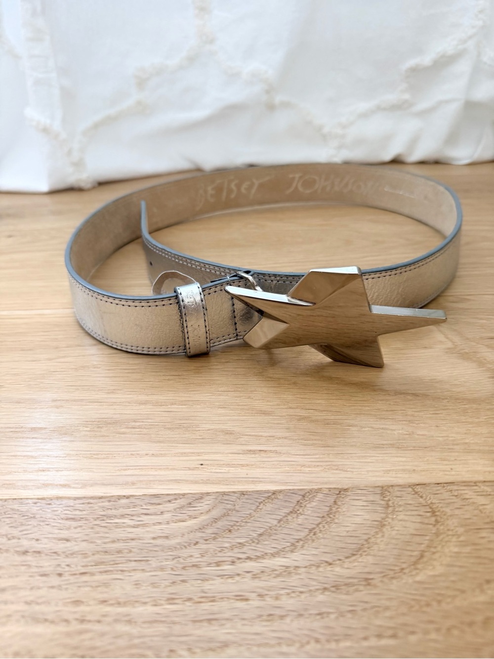 Betsey Johnson Y2K Metallic Silver Leather Belt with a Star Buckle